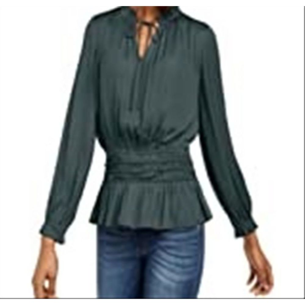 Current Air Women's Shirred Waist Split Neck Top Green Size Large